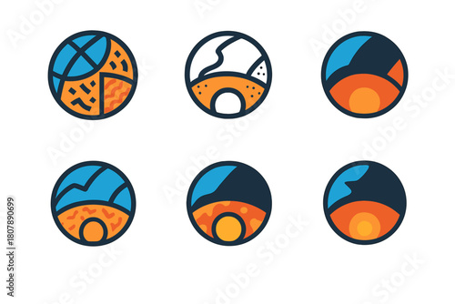 Earth Layers Icons. Earth layers. Icon set. Set Logo of earth layers: cross-section of Earth showing crust, mantle, and core. harmonious logo variations of the