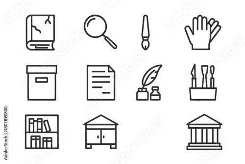 Restoration Icon Set. Restoration workflow. Line icon set of Restoration workflow: old book, magnifying glass, paintbrush, gloves, archival box, document,