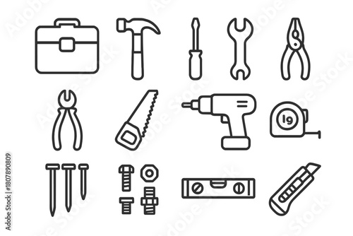 Essential Tool Icons. Tool set essentials. Line icon set of Tool set essentials: toolbox case, hammer, screwdriver, wrench, pliers, saw, drill, tape measure,