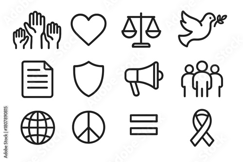 Human Rights Icons. Human rights. Line icon set of Human rights: peace symbol, protest sign, raised fist, law book, ballot box, megaphone, handshake, equality
