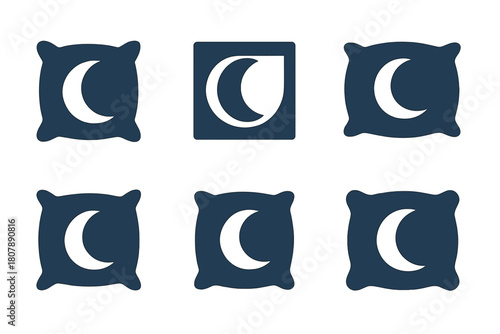Pillow Icon Variations. Extra pillow. Icon set. Set Logo of extra pillow: pillow with moon symbol for sleep comfort. harmonious logo variations of the same