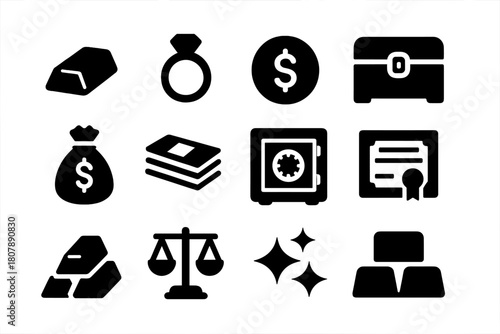 Luxury Item Icons. Luxury items. Solid icon set of Luxury items: gold bar, jewelry, coin, treasure chest, money bag, stack, vault, safe, certificate, bullion,