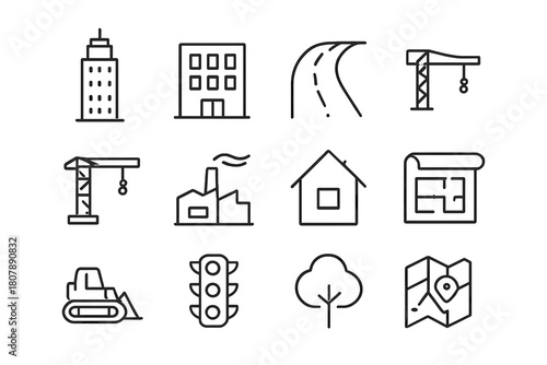 Metropolitan Icon Set. Metropolitan growth. Line icon set of Metropolitan growth: skyscraper, apartment building, road, bridge, construction crane, factory,