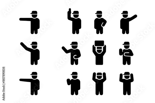 Umpire Signal Icons. Umpire Signals. Solid icon set of Umpire Signals: out signal, six signal, four signal, no ball signal, wide ball signal, bye signal, leg