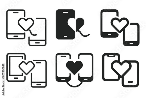 Relationship Distance Icons. Distance in relationship. Icon set. Set Logo of distance in relationship: clock and heart fusion. harmonious logo variations of