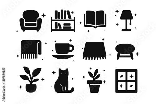 Cozy Library Icons. Home Library Corner. Solid icons set of Home Library Corner: armchair, bookshelf, book, lamp, blanket, cushion, coffee cup, rug, plant,