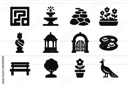 Palace Garden Icons. Palace gardens. Solid icon set of Palace gardens: hedge maze, fountain, stone path, flowerbed, royal statue, gazebo, arched gate, pond,