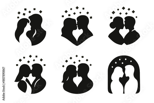 Wedding Kiss Icons. Wedding Kiss Under Confetti. Icon set. Set Logo of Wedding Kiss: confetti heart explosion over couple. harmonious logo variations of the