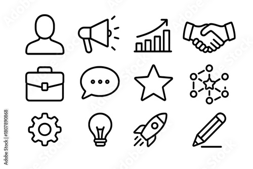 Entrepreneur Icons Grid. Entrepreneurial influence. Line icon set of entrepreneurial influence: person silhouette, megaphone, graph, handshake, briefcase, chat