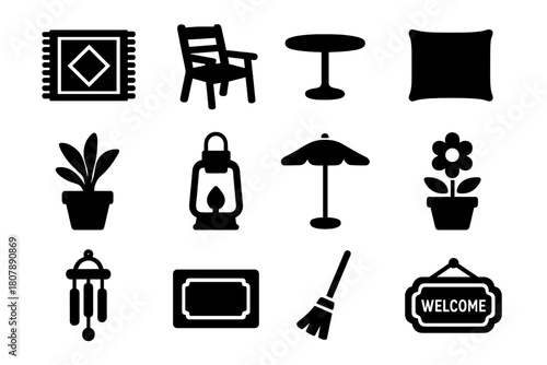 Outdoor Decor Icons. Outdoor styling. Solid icon set of Outdoor styling: outdoor rug, chair, table, cushion, potted plant, lantern, umbrella, flower pot, wind