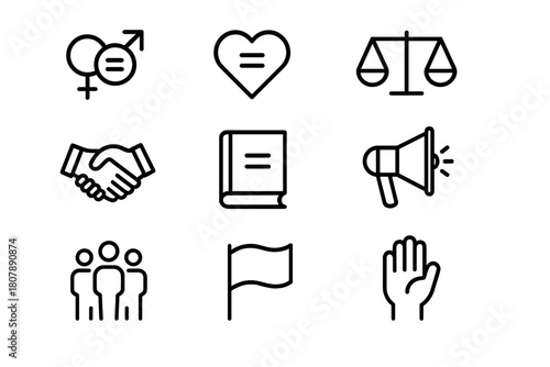 Equality Rights Icons. Equality rights. Line icon set of equality rights: gender symbols, heart, scales, handshake, book, megaphone, ribbon, people group,