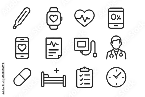 Health Monitoring Icons. Health monitoring. Solid icon set of Health monitoring: thermometer, heart, syringe, pill, medicine bottle, bandage, wound, clock,