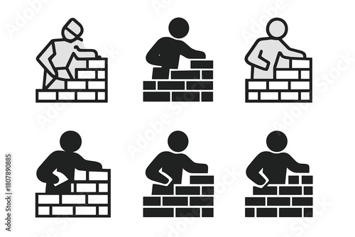 Bricklayer Logo Variations. Bricklayers constructing buildings. Icon set. Set Logo of Bricklayers constructing buildings: Crane lifting bricks. harmonious logo