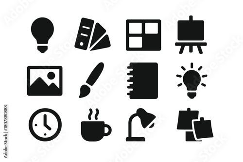 Studio Icon Collection. Studio inspiration. Solid icon set of Studio inspiration: lightbulb, color swatch, mood board, canvas, photo, paintbrush, notebook,