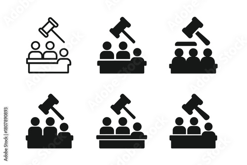 Courtroom Jury Logos. Jury in the courtroom. Icon set. Set Logo of Jury in the courtroom: Law book. harmonious logo variations of the same emblematic concept,