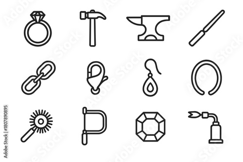 Metal Jewelry Icons. Metal Jewelry Craft. Line icon set of Metal Jewelry Craft: ring, hammer, anvil, file, torch, chain, clasp, earring, bracelet, polishing