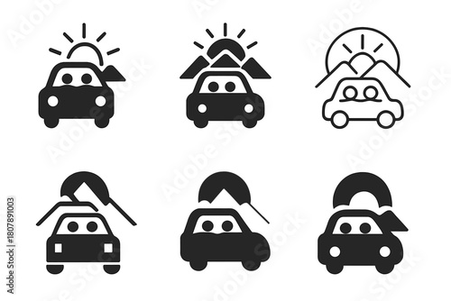 Family Trip Icons. Family car trip. Icon set. Set Logo of family car trip: tent and campfire. harmonious logo variations of the same emblematic concept, each