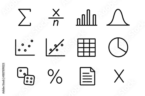 Statistical Formula Icons. Statistical formulas. Line icon set of statistical formulas: sigma symbol, mean average, bar chart, bell curve, scatter plot,