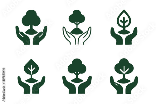 Reforestation Icon Set. Reforestation efforts and tree planting. Icon set. Set Logo of Reforestation efforts and tree planting: Forest canopy. harmonious logo