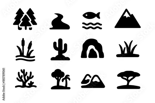 Ecosystem Icon Grid. Ecosystems. Solid icon set of Ecosystems: forest, river, ocean, mountain, wetland, desert, cave, grassland, coral reef, rainforest,