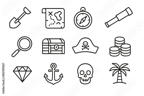 Treasure Tools Outlined. Treasure tools. Line icon set of treasure tools: shovel, map, compass, telescope, magnifying glass, treasure chest, pirate hat, gold