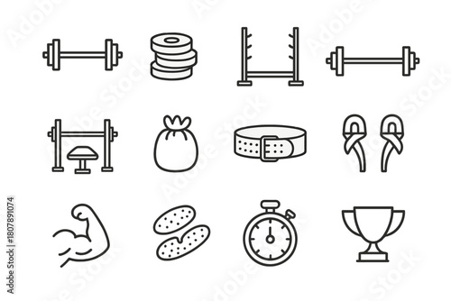 Strength Training Icons. Strength training. Solid icon set of Strength training: dumbbell, kettlebell, resistance band, pull-up bar, exercise bike, yoga mat,