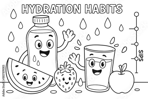 Hydration Fun for Kids. Hydration habits children?s coloring book illustration, outlined drawing, a happy water bottle and glass cheering beside fruits with