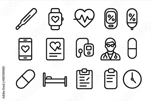 Health Monitoring Icons. Health monitoring. Solid icon set of Health monitoring: thermometer, heart, syringe, pill, medicine bottle, bandage, wound, clock,