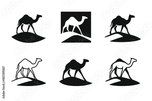 Camel Logo Variations. Shifting Sands. Icon set. Set Logo of Shifting Sands: lone camel silhouette walking along a dune ridge. harmonious logo variations of