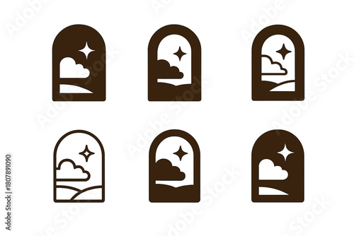 Escapism Logo Variations. escapism in marketing. Icon set. Set Logo of escapism in marketing: open door to dream landscape. harmonious logo variations of the