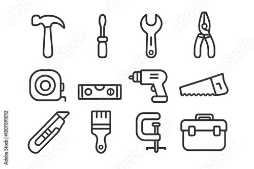 DIY Tool Icon Set. DIY tools. Line icon set of DIY tools: hammer, screwdriver, wrench, pliers, saw, drill, tape measure, nails, bolts, level, utility knife,