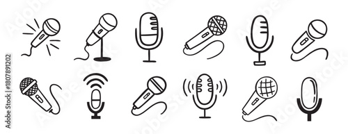 microphone icon doodle hand drawn set. Outline drawing microphone line clipart symbol collection