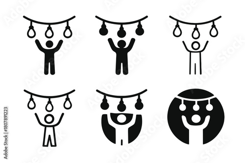 Outdoor Fairy Lights Logos. Setting up outdoor fairy lights. Icon set. Set Logo of setting up outdoor fairy lights: cozy terrace lighting. harmonious logo