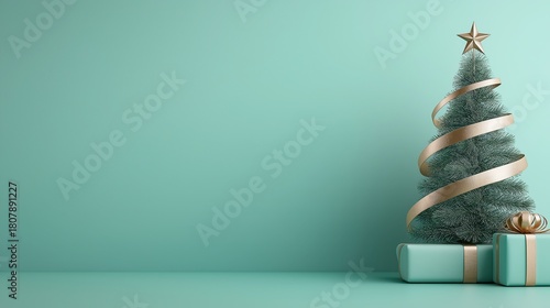 Minimalist Christmas tree with golden ribbon and gifts on teal background for festive or decorative design