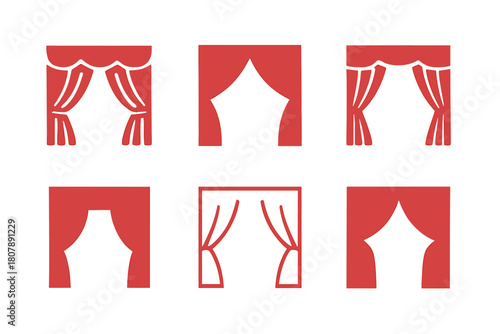Theatrical Curtain Logos. Curtains drawn in theater. Icon set. Set Logo of Curtains drawn in theater: Red velvet curtains. harmonious logo variations of the