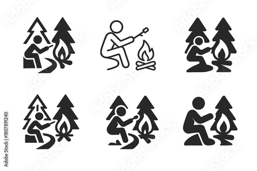 Campfire Icon Variations. A person sitting by a campfire in the woods, roasting marshmallows and telling stories. Icon set. Set Logo of A person sitting by a