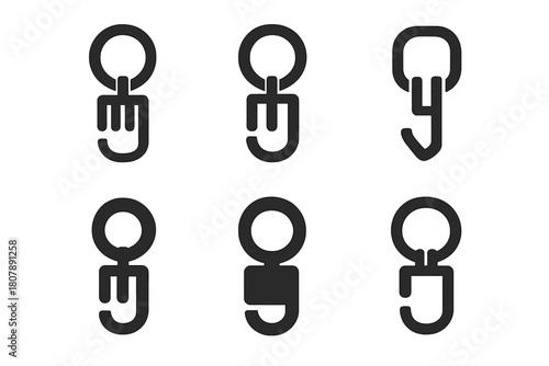 Curtain Hook Icons. Curtain hook. Icon set. Set Logo of curtain hook: side profile of mounted hook and curtain edge. harmonious logo variations of the same
