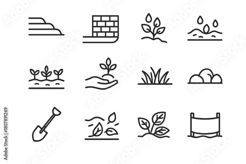 Soil Conservation Icons. Soil conservation. Line icon set of Soil conservation: terracing, retaining wall, mulch, plant cover, tree planting, grass, erosion