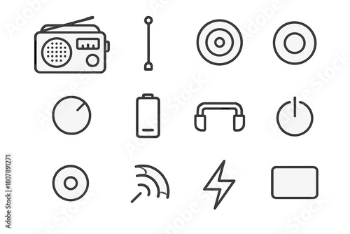 Portable Radio Icons. Portable radio. Line icon set of portable radio: radio, antenna, speaker, tuning dial, volume knob, battery, handle, power button,