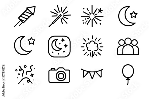 Sky Celebration Icons. Sky celebration. Line icon set of sky celebration: rocket, sparkler, burst firework, star, moon, night sky, explosion, crowd, confetti,
