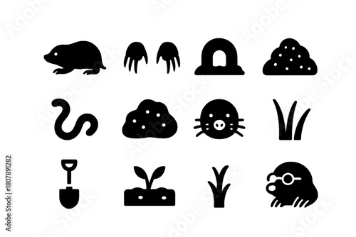 Mole Life Icons. Mole Animal Life. Solid icon set of Mole Animal Life: mole, digging paws, tunnel, dirt mound, worm, soil, whiskers, nose, grass, shovel,