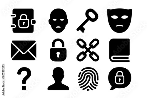 Silent Burden Icons. Silent Burden. Solid icon set of Silent Burden: locked diary, shadowed face, key, mask, envelope, padlock, chains, closed book, question