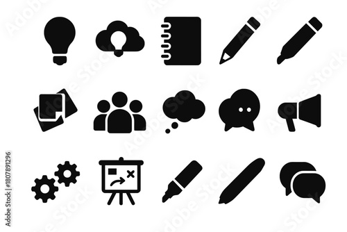 Innovation Icons Grid. Innovation Workshop. Solid icon set of Innovation Workshop: light bulb, idea cloud, notebook, pencil, sticky notes, people