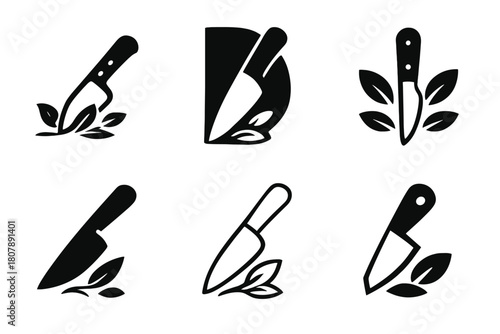 Knife Logo Variations. Carving knife. Icon set. Set Logo of Carving knife: Knife and cutting herbs. harmonious logo variations of the same emblematic concept,