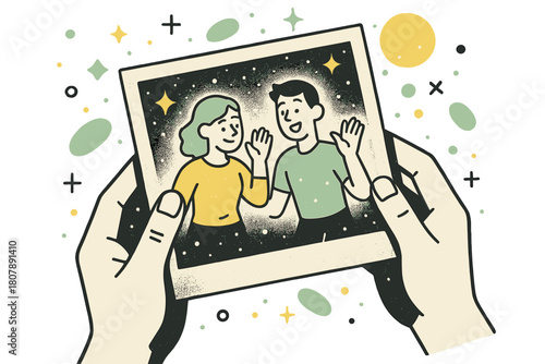 Sentimental Dusty Photograph. Dusty Photograph. Hands holding an aged, dusty photograph with floating abstract geometric dust particles and soft glowing