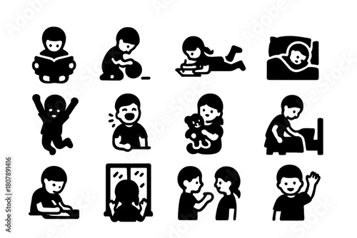 Children's Daily Icons. Capturing Daily Life. Solid icon set of Capturing Daily Life: child reading, playing, drawing, sleeping, jumping, laughing, cuddling