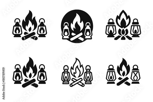 Beach Bonfire Logos. Beach bonfire gatherings. Icon set. Set Logo of Beach bonfire gatherings: People around fire. harmonious logo variations of the same