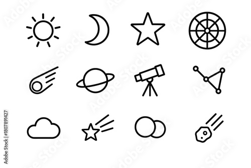 Astrology Symbols Icons. Astrology symbols. Line icon set of astrology symbols: sun, moon, star, zodiac wheel, comet, planet, telescope, constellation, cloud,