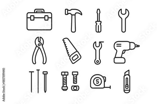 Essential Tool Icons. Tool set essentials. Line icon set of Tool set essentials: toolbox case, hammer, screwdriver, wrench, pliers, saw, drill, tape measure,