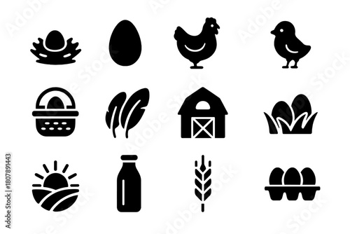 Farm Fresh Icons. Farm Fresh. Solid icon set of Farm Fresh: egg, nest, hen, chick, basket, feathers, coop, grass, carton, milk bottle, wheat stalk, sunrise.
